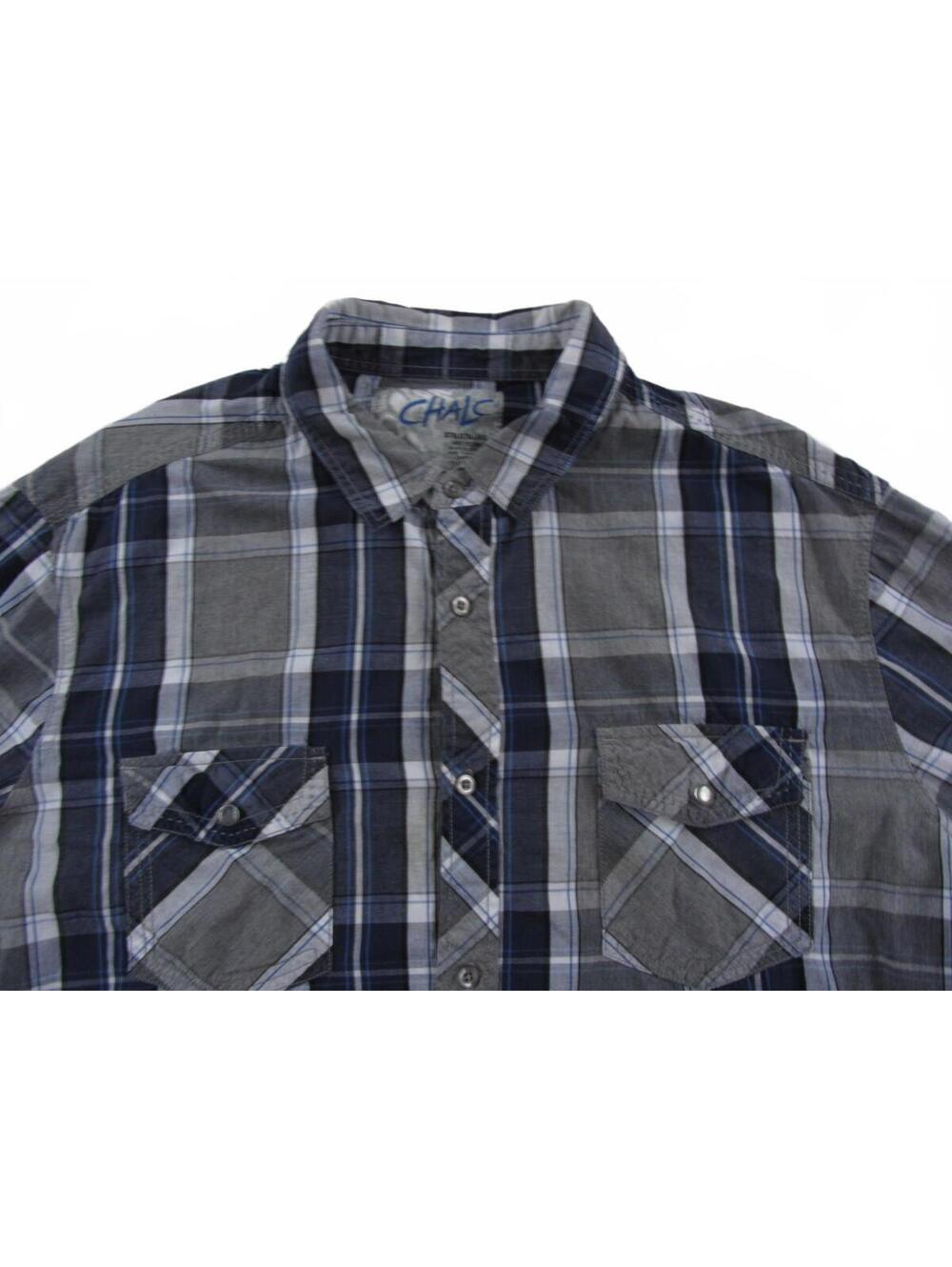 Chalc Men's Button Up Gray & Blue Plaid Casual Western Dress Shirt XL